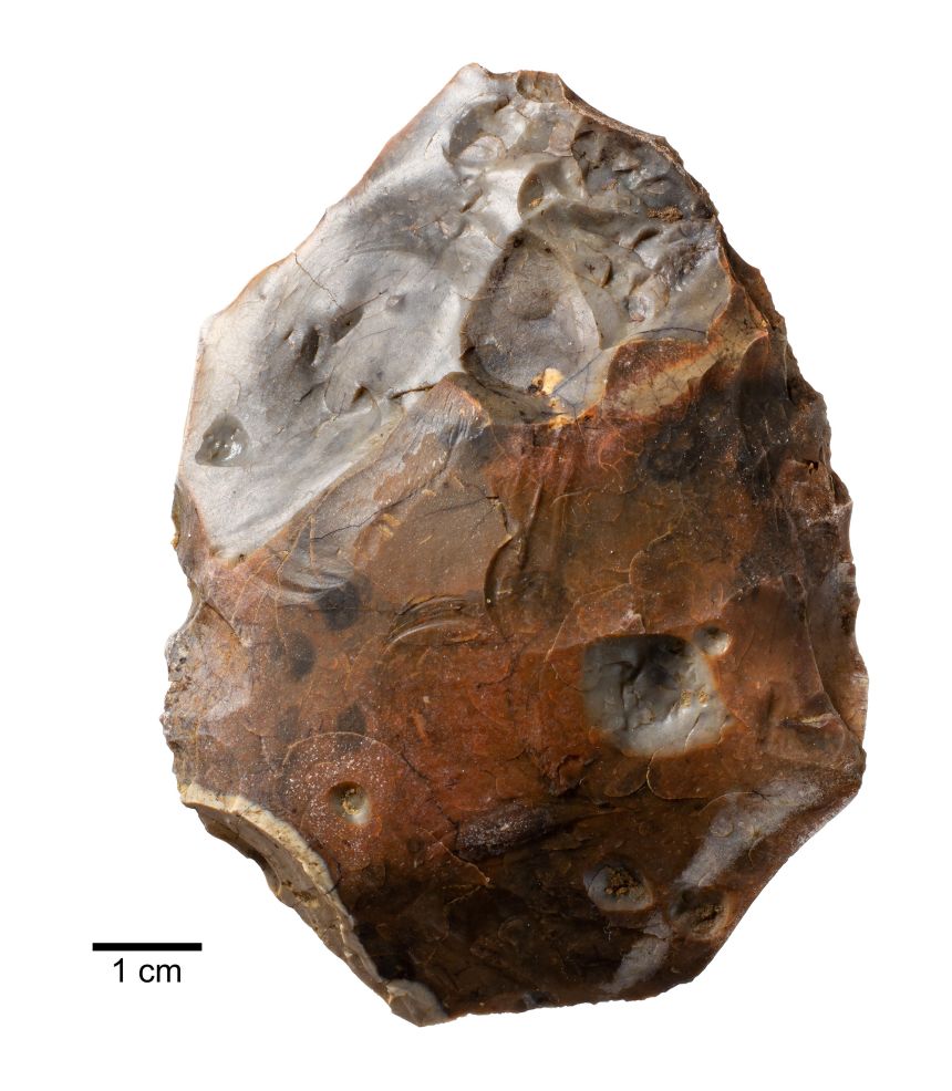 A heat-shattered handaxe, one of two found close to the 400,000-year-old hearth.