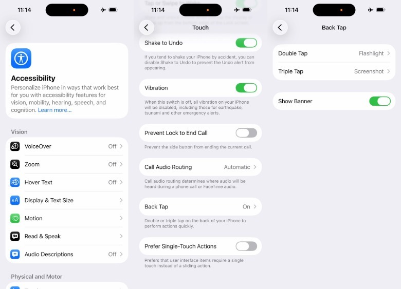Setting a Back Tap shortcut for the iPhone's flashlight.