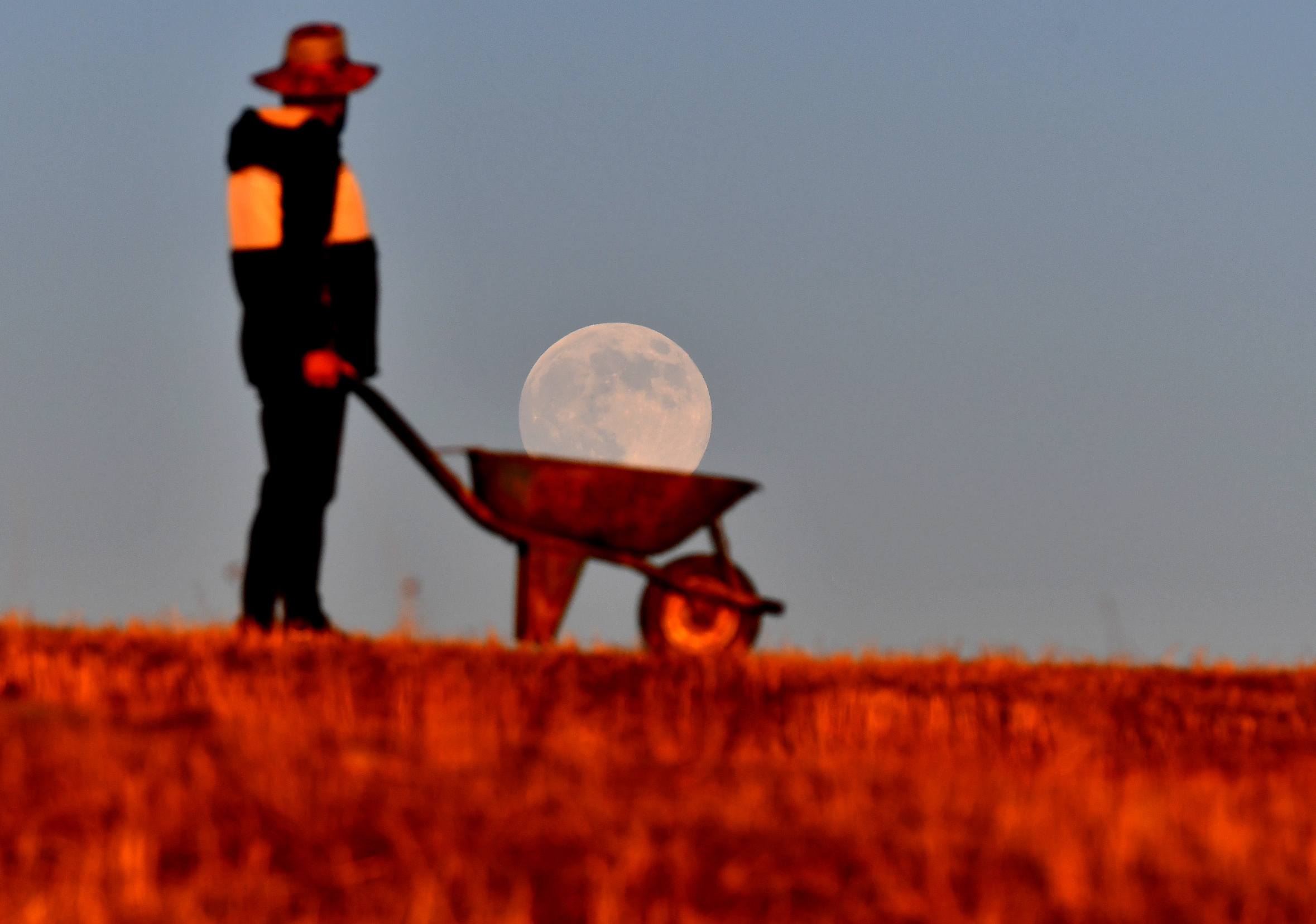 A man is pictured with a wheelbarrow in a field, with the moon positioned in the background to give the appearance that he is carrying it in the barrow.