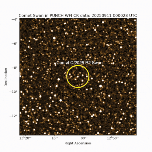 A streak of white light is seen amidst a starry golden deep space image