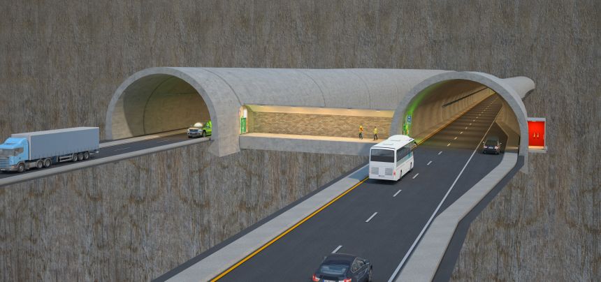 This illustration shows Rogfast’s dual-tube configuration, with a central emergency passage. The design includes cross connections, pedestrian escape routes, and safety installations for efficient traffic flow and emergency access.