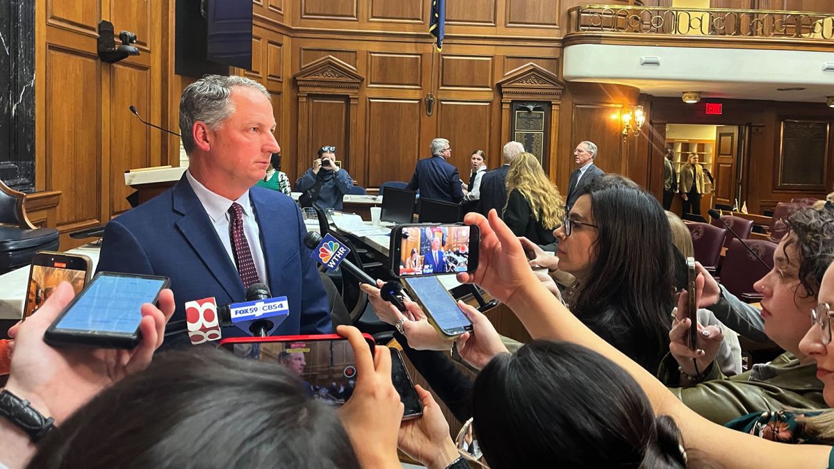 Indiana House Republican leadership like Speaker Todd Huston (R-Fishers), seen here speaking with reporters Monday Dec. 1, said they want to redistrict after seeing other states, namely Virginia, California, and Missouri, doing the same.