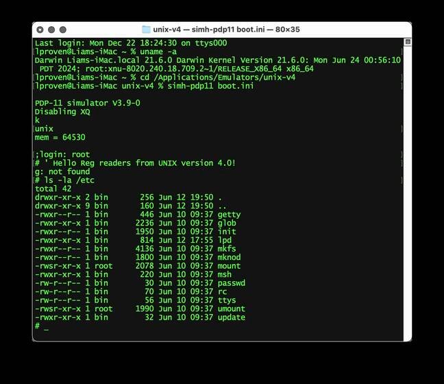 UNIX V4 in all its miniscule glory, running inside SimH on macOS 12. UNIX V4 in all its miniscule glory, running inside SimH on macOS 12.