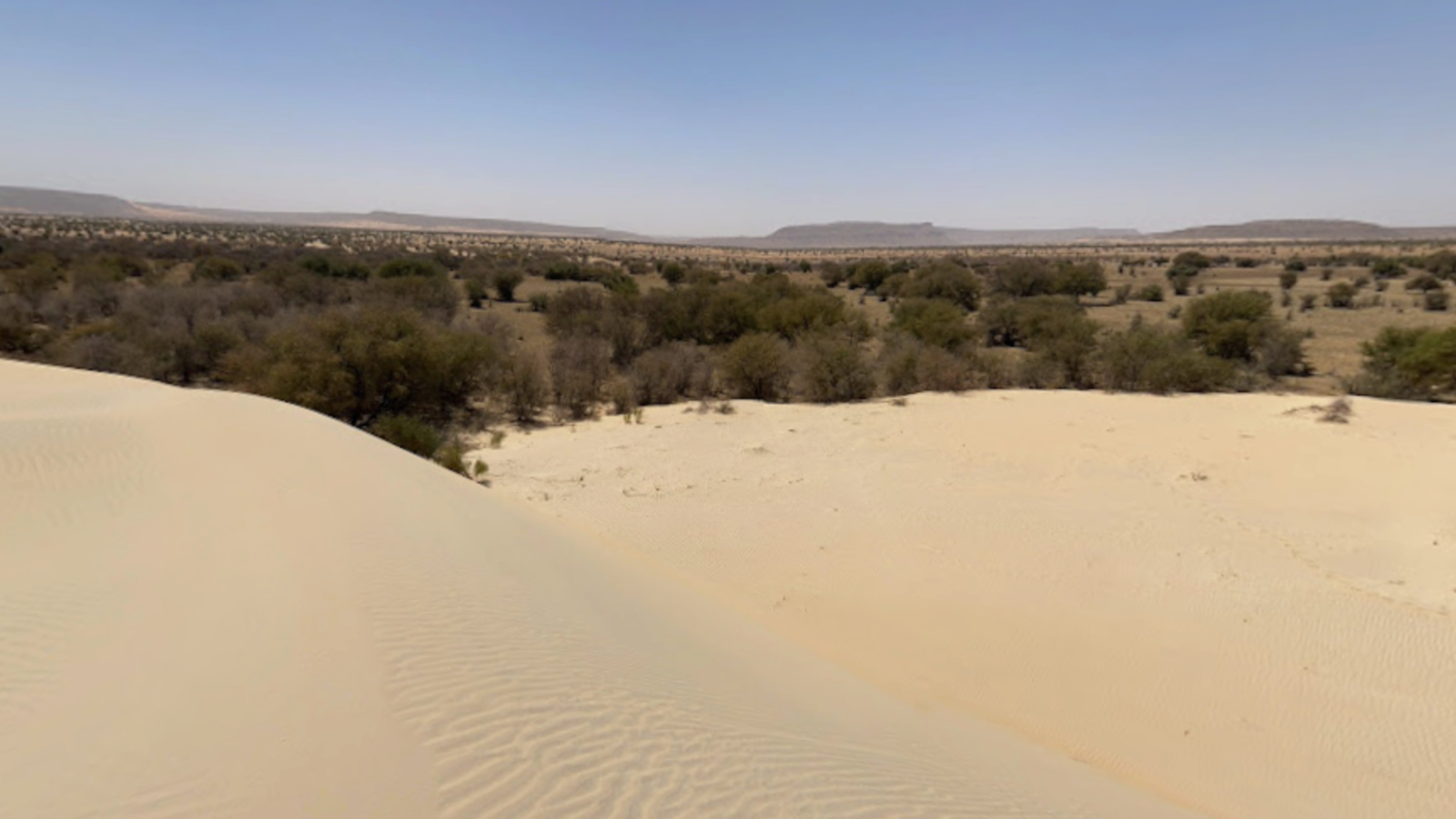 A photo of the mesas on the horizon from a sand dune