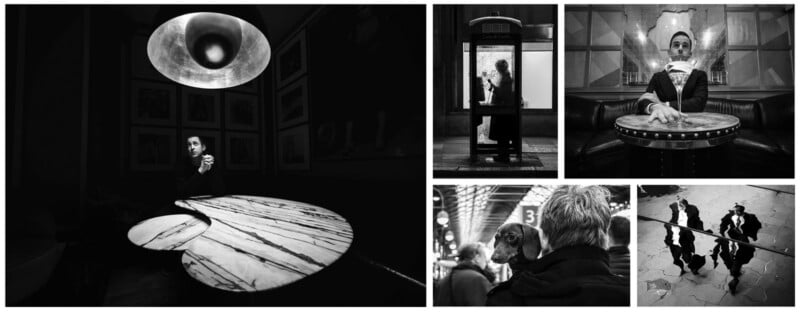 A collage of five black-and-white photos: a man sits at a marble table under a large lamp, two people stand in a phone booth, a man sits at a round table, a dog looks over a man's shoulder in a crowd, and reflections of people on wet pavement.