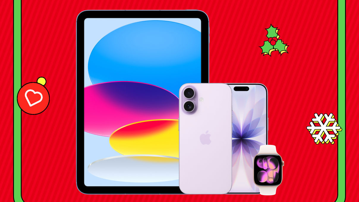 An iPhone 17, iPad 11 and Apple Watch 11 on a festive background