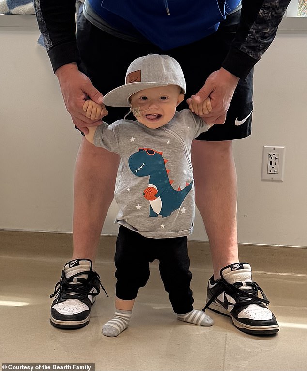 Several friends and family members were tested to be Crew's liver donor. His aunt, Taylor Dearth, ended up being a match. Crew is pictured in the hospital