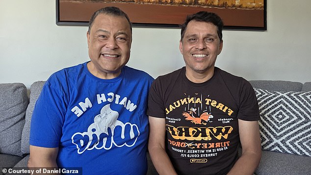Pictured: Garza (right) with his partner, Christian (left). Garza told the Daily Mail that he struggled with feelings of shame after being diagnosed with anal cancer