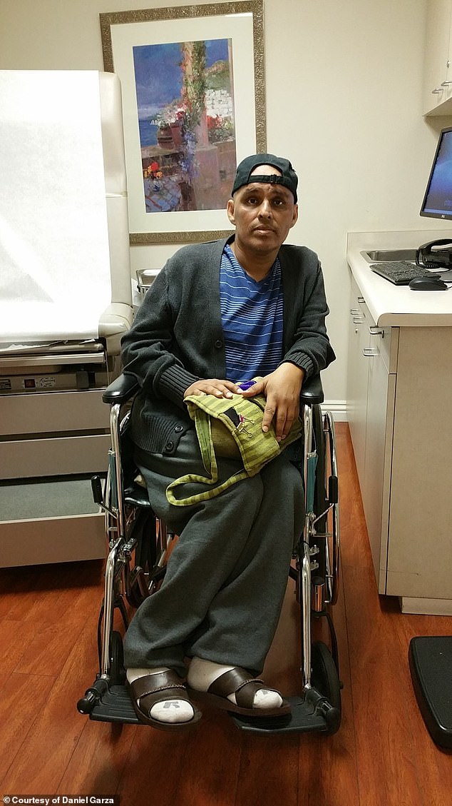 Pictured: Garza during his cancer treatments. He is now cancer-free, but the disease caused him to lose half of his anal sphincter