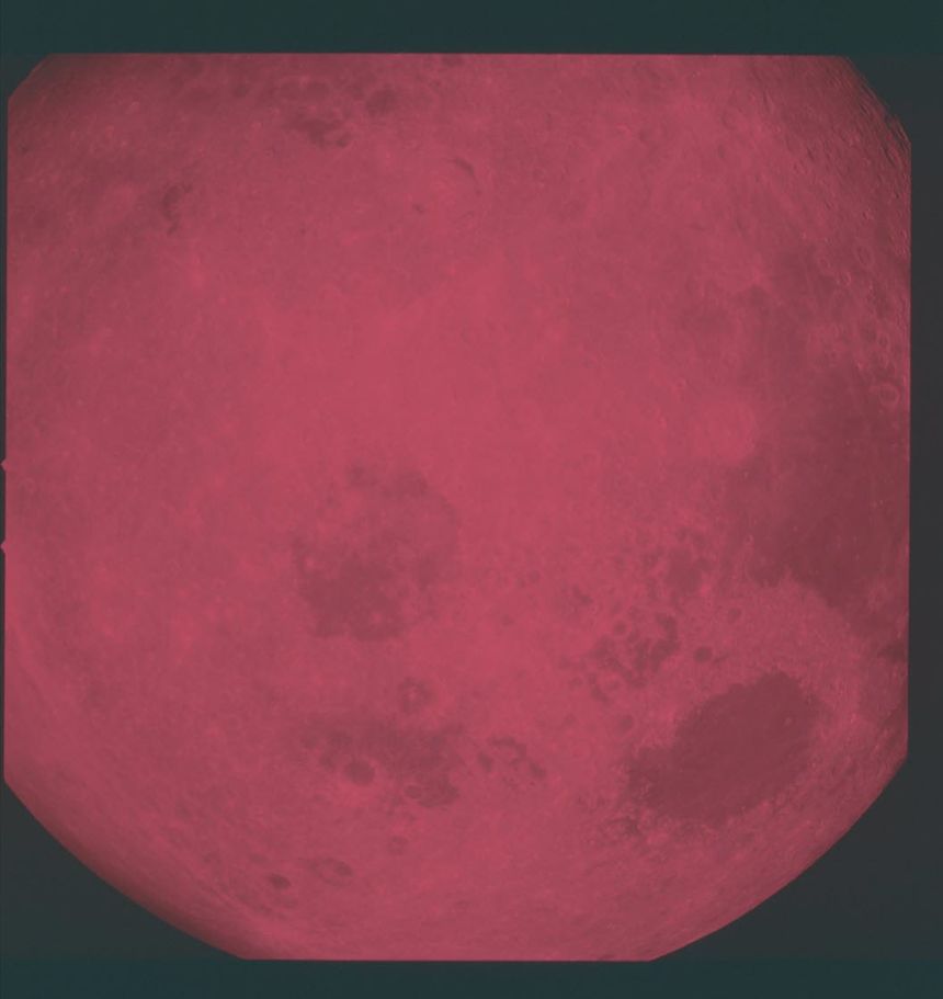 The moon, as seen from Apollo 8 in December 1968. Apollo 8 orbited the moon and broadcast television images back to Earth. NASA used red and blue filters for the TV feed.