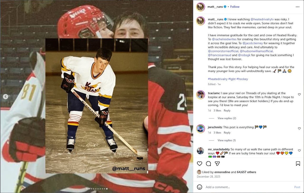 A young hockey player poses on the ice. Behind that photo is an image of two other hockey players embracing.