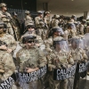 California National Guard members stand in formation during the protest in Los Angeles, California on June 14, 2025.
