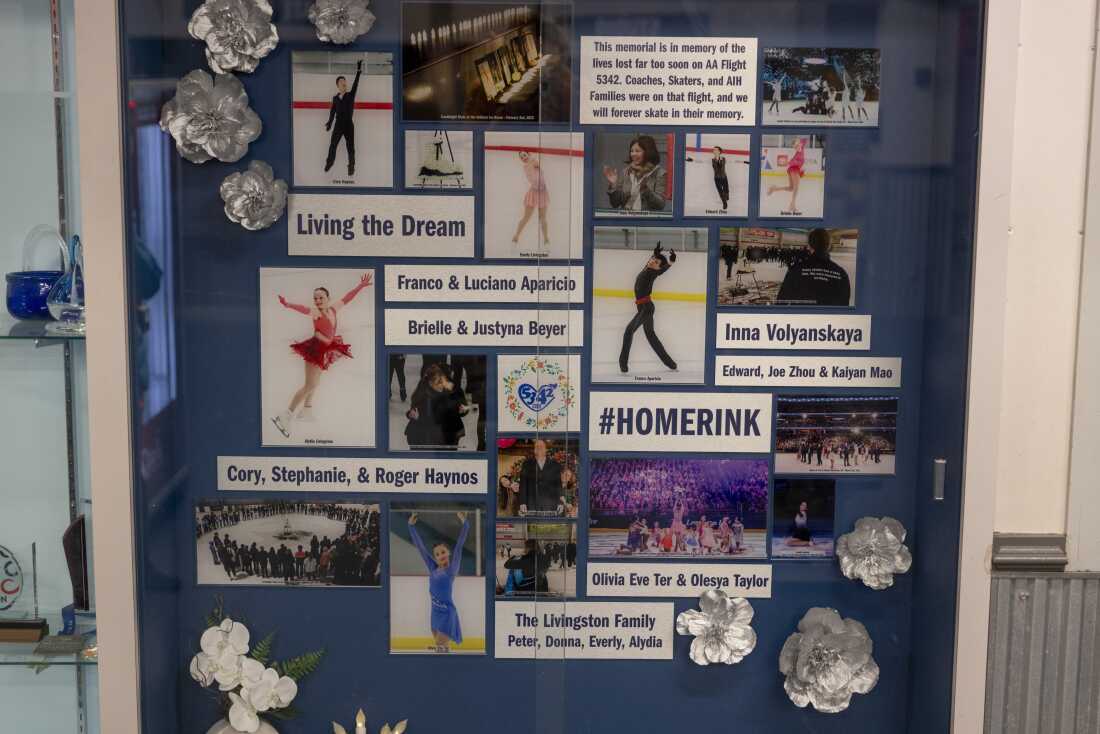 At the Ashburn Ice House, a memorial was created with photos and information honoring the skaters who died in the crash. Names include three skaters — Franco Aparicio and sisters Everly (Evy) and Alydia (Liddy) Livingston — their coach and three of their parents. 