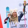 USA's Lindsey Vonn poses with her second place medal on the podium for the women's Super-G event at the Audi FIS Ski World Cup Sun Valley Finals in Sun Valley, Idaho on March 23, 2025. (Photo by Patrick T. Fallon / AFP) (Photo by PATRICK T. FALLON/AFP via Getty Images)