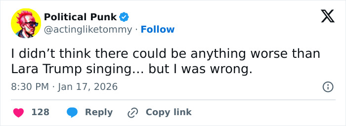 Tweet mocking Lara Trump’s dance moves in new music video, highlighting reactions to Make It Stop controversy.