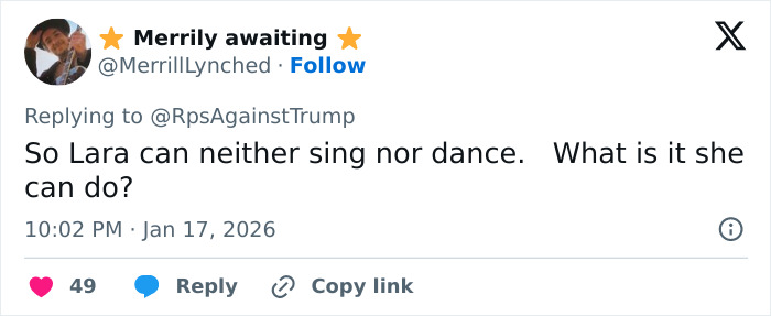 Tweet criticizing Lara Trump’s dance moves in new music video, sparking mockery and social media reactions online.