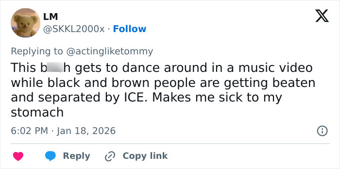 Tweet criticizing Lara Trump’s music video dance moves amid social issues involving ICE and racial tensions.