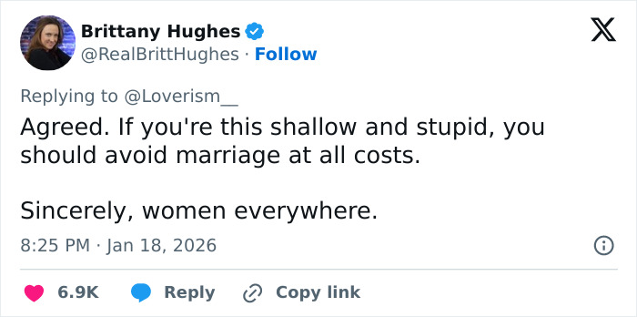 Tweet from Brittany Hughes urging to avoid marriage, linking it to a reminder about Pierce Brosnan's wife and online trolls.