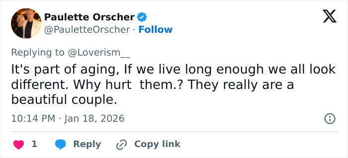 Tweet from Paulette Orscher defending Pierce Brosnan's wife, 62, amid trolls attacking her transformation online.