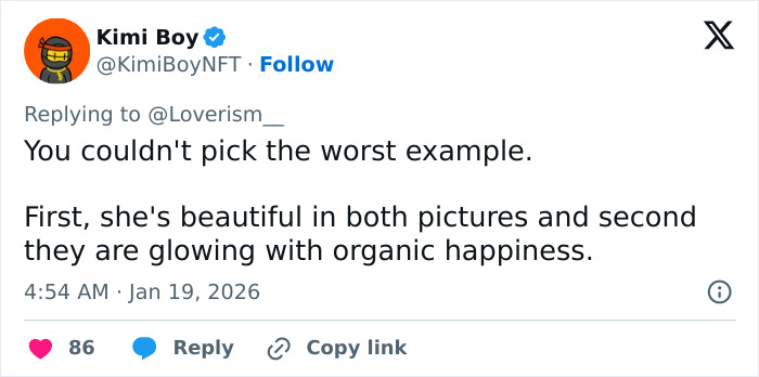 Tweet by Kimi Boy defending Pierce Brosnan’s wife against trolls, praising her natural beauty and organic happiness.