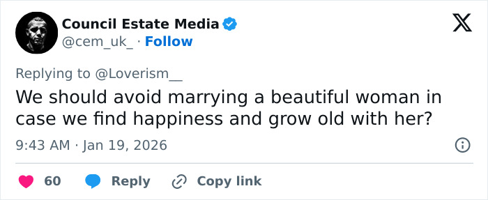 Screenshot of a Twitter post discussing the reminder to avoid marriage and its relation to trolls attacking Pierce Brosnan's wife.