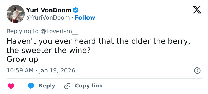 Tweet by Yuri VonDoom responding to trolls, referencing age and transformation with a reminder to avoid marriage-related negativity.