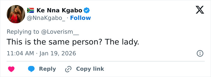 Tweet by Ke Nna Kgabo reacting to trolls attacking Pierce Brosnan's wife over her transformation at age 62.