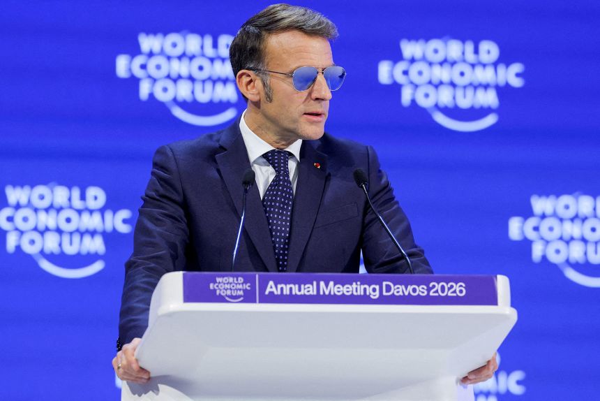 France's President Emmanuel Macron addresses the 56th annual World Economic Forum meeting in Davos, Switzerland, on Tuesday, January 20.