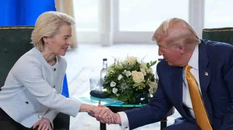 Getty Images Ursula von der Leyen shakes hands with Donald Trump during a visit to Trump's Turnberry golf club.