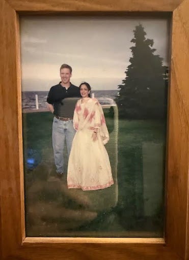 "This is me and Gerrit at a small party we had in Oshkosh, Wisconsin, to celebrate our engagement," the author writes. "There was an Indian theme."