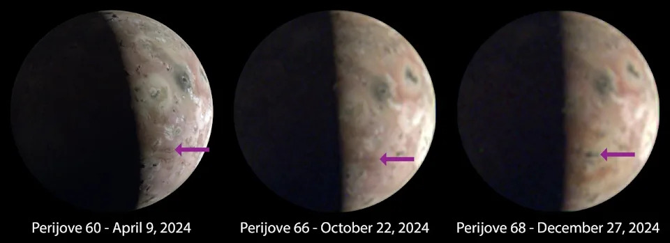 Three images of a brown planet with purple arrows showing various dark spots of volcanic eruption 