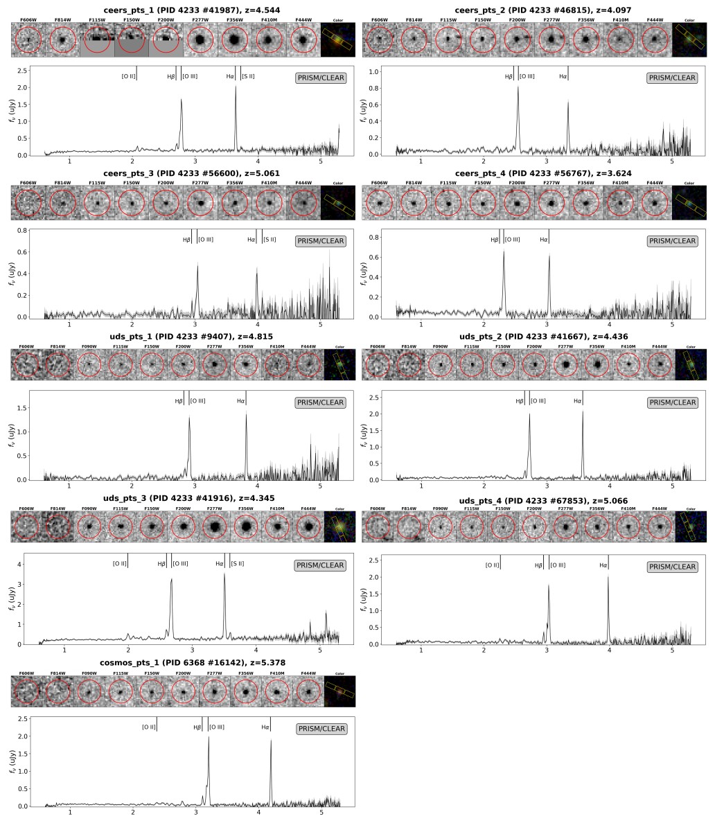 Twelve panels show celestial images, spectra graphs, and data for different JWST objects—each labeled with coordinates, redshift values, and even a whimsical platypus icon for unique finds.