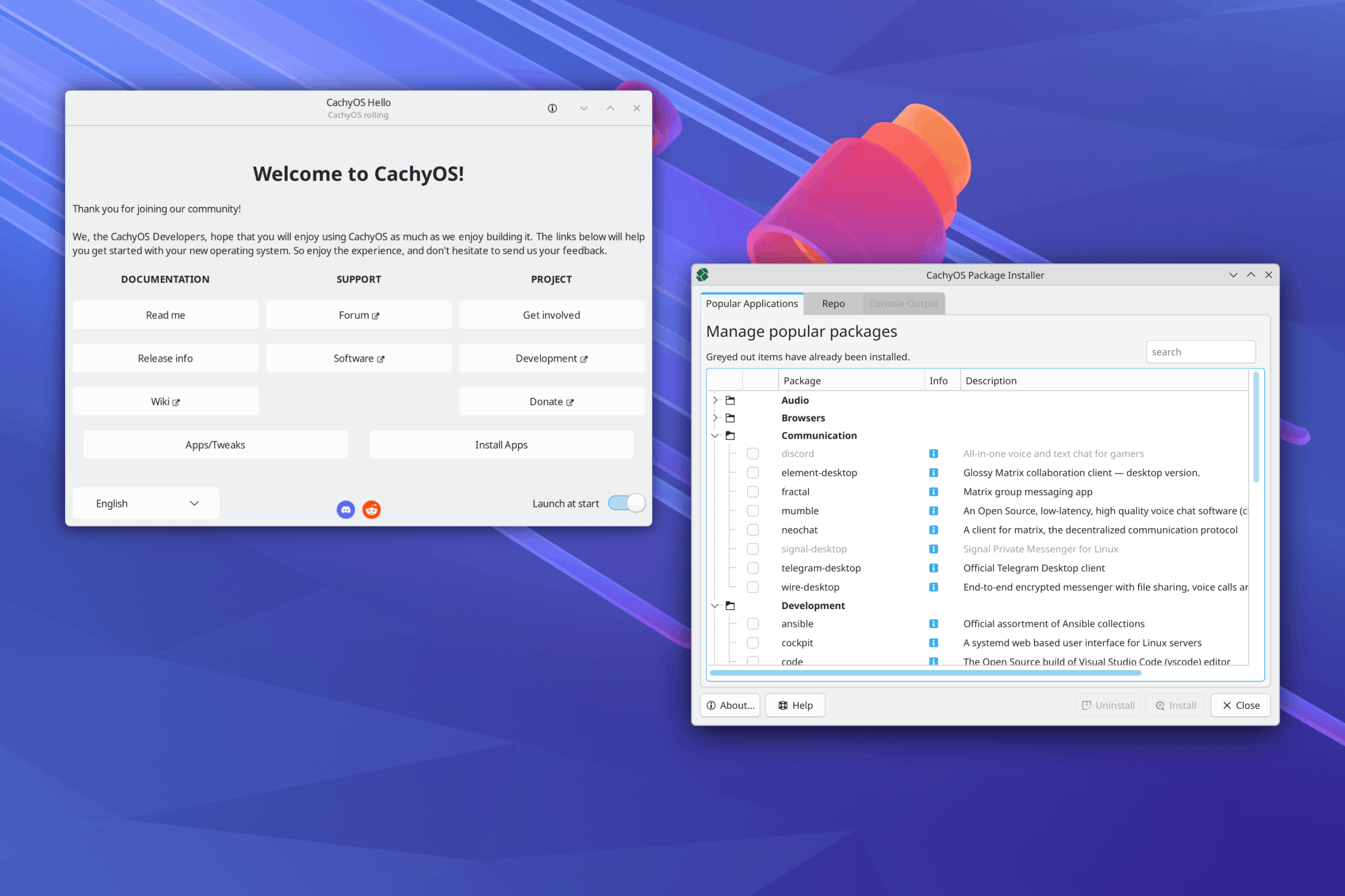 Screenshot of Cachy desktop with the Hello screen up, and the CachyOS Package Installer next to it