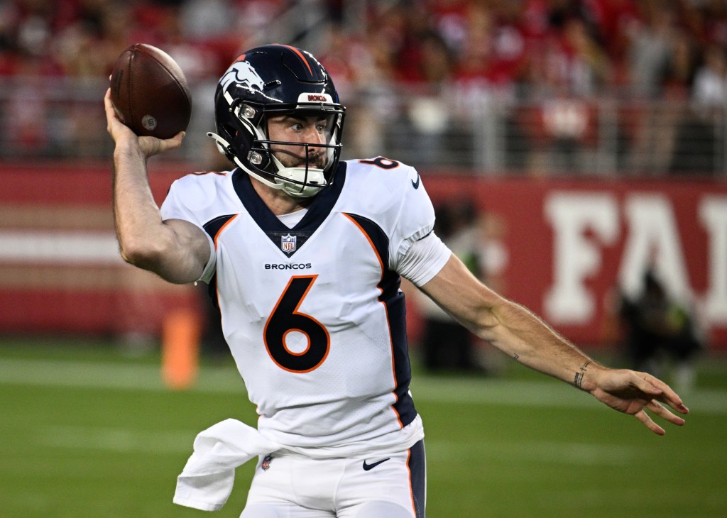 Ben DiNucci #6 of the Denver Broncos looks to pass during the second half of a preseason game against the San Francisco 49ers at Levi's Stadium on August 19, 2023 in Santa Clara, California.