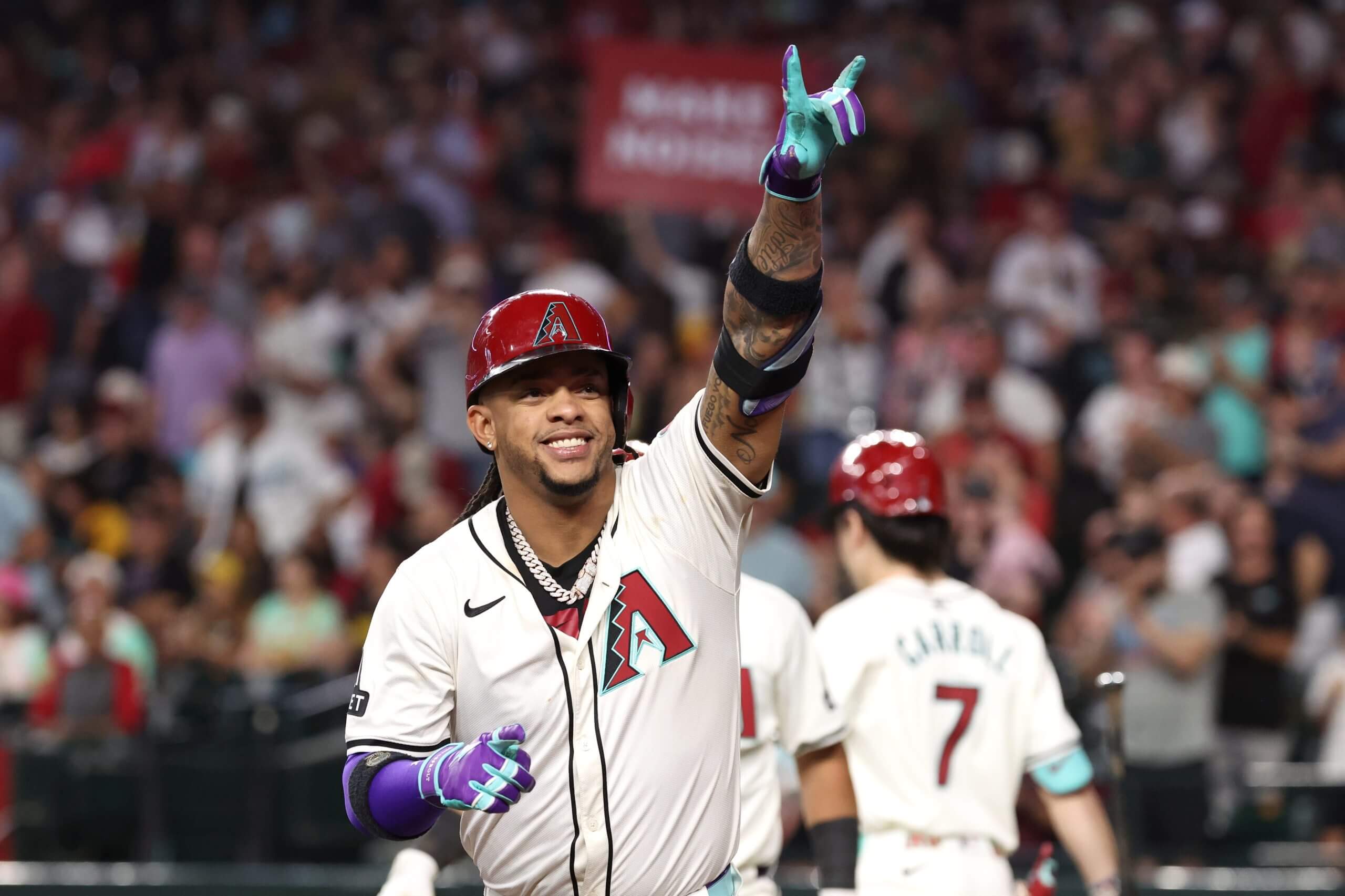 Ketel Marte #4 of the Arizona Diamondbacks celebrates after hitting a two-run home run during the fourth inning against the San Diego Padres at Chase Field on September 29, 2024 in Phoenix, Arizona. 
