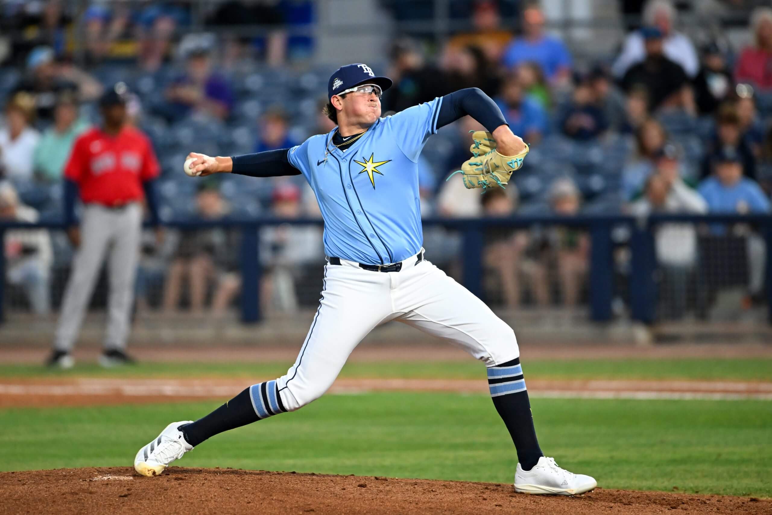 Trevor Harrison throws a pitch for the Rays during a Spring Breakout game in 2025.