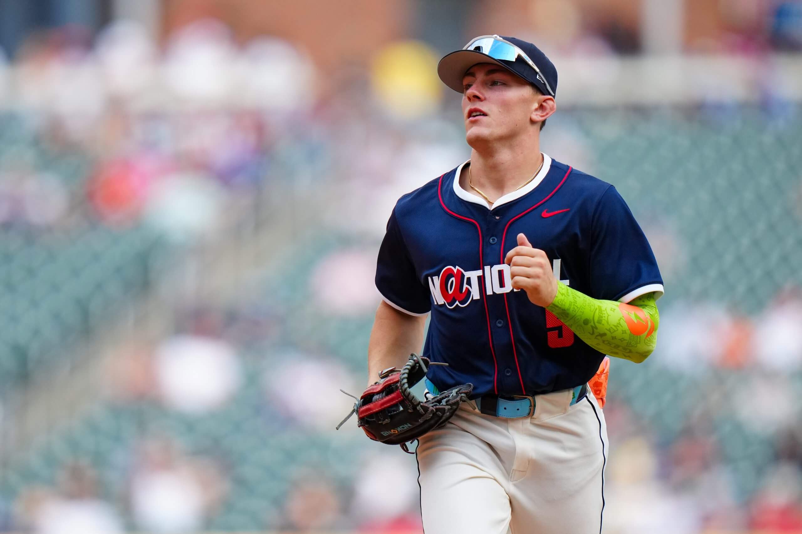 Slade Caldwell runs in from the outfield in the MLB Futures Game.