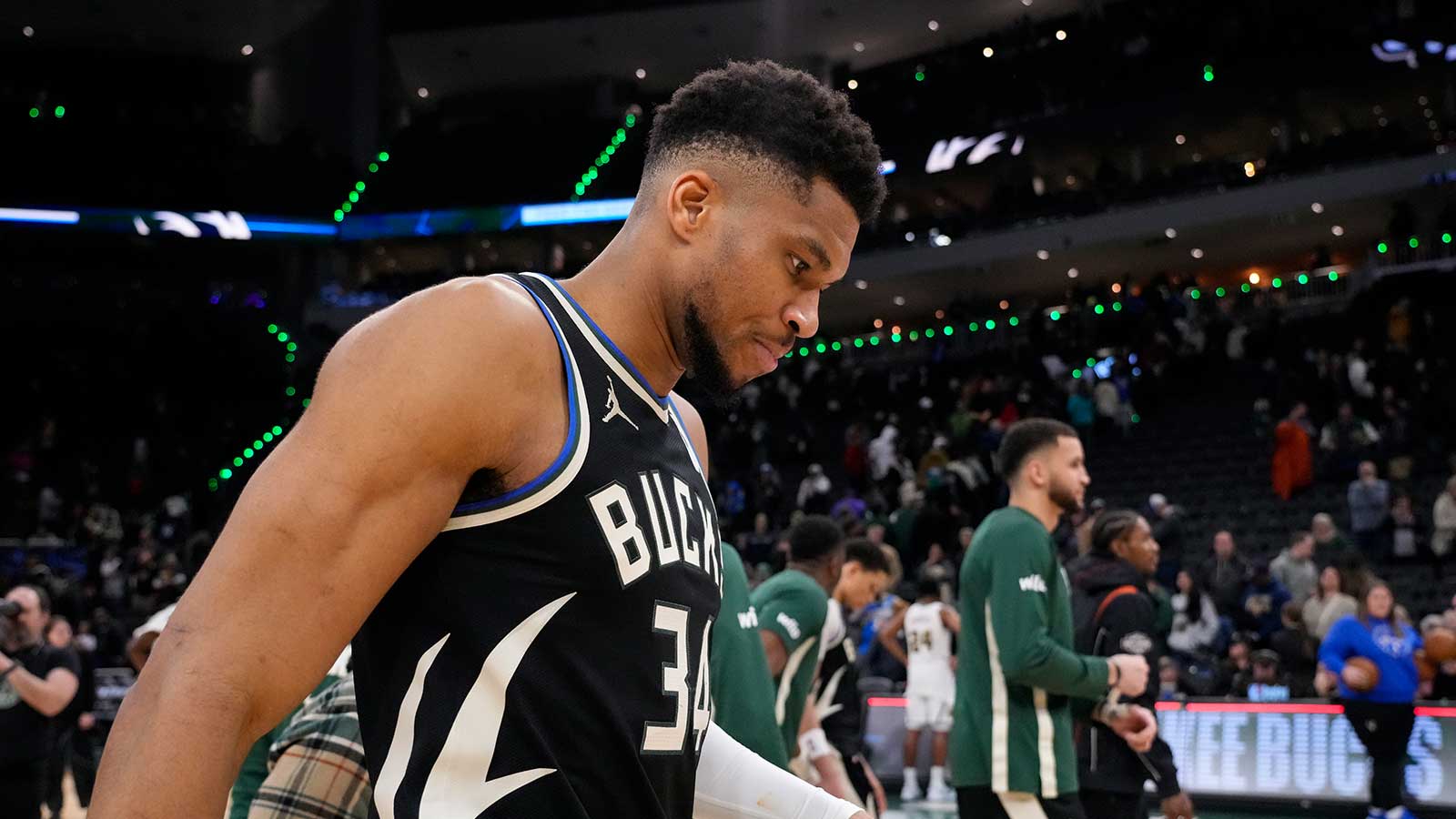 Milwaukee Bucks forward Giannis Antetokounmpo (34) following the game against the Denver Nuggets at Fiserv Forum.