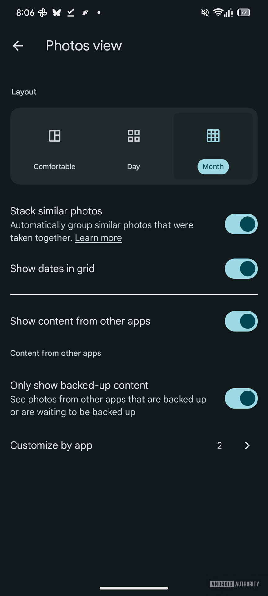 Google Photos Show dates in grid