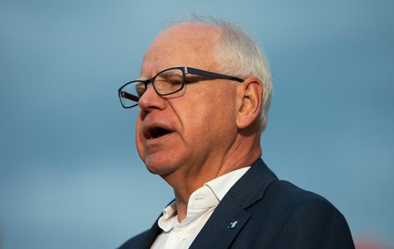 Minnesota Gov. Tim Walz speaks to media gathered on the first day of school at Deerwood Elementary on September 2, 2025 in Eagan, Minnesota.