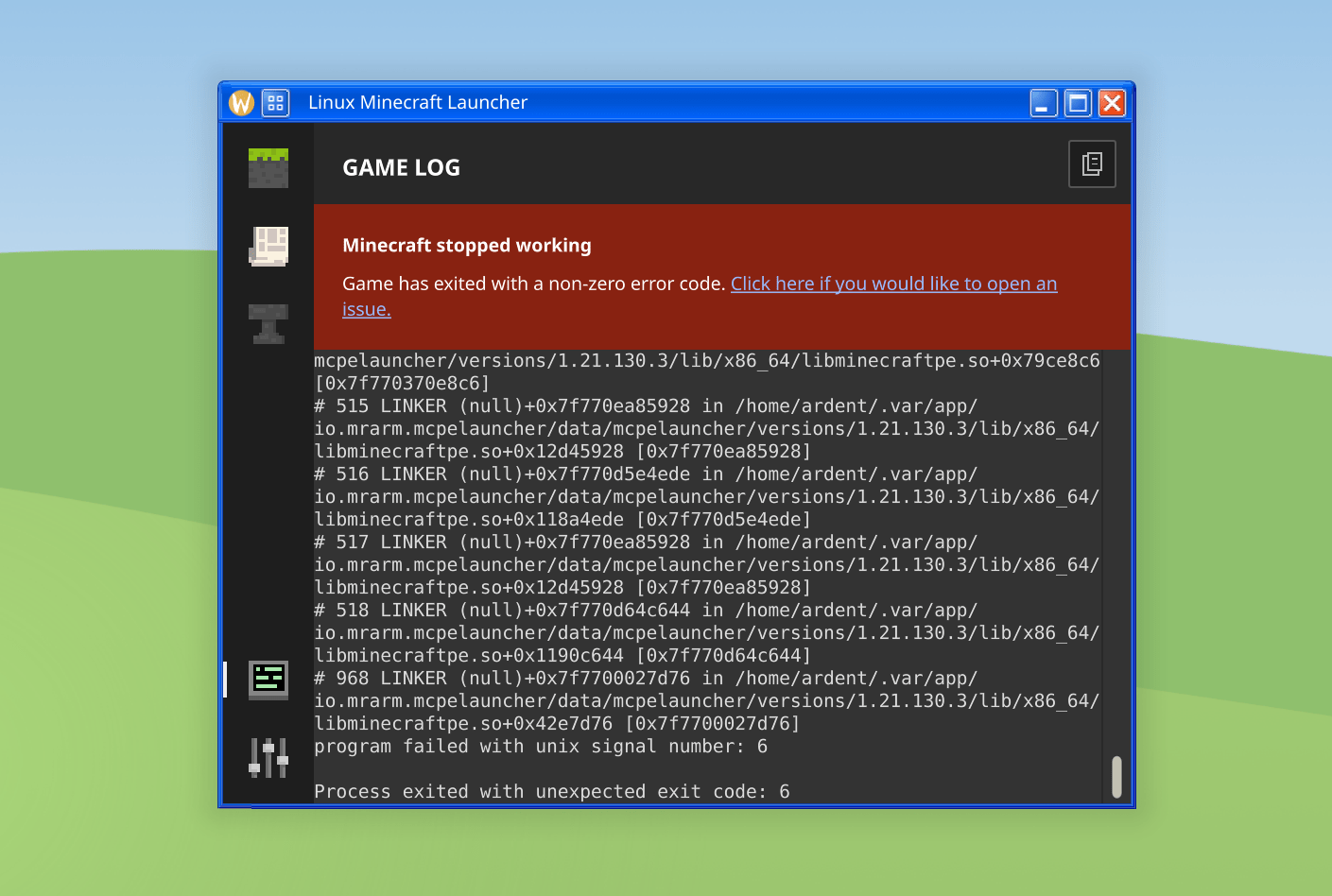 Screenshot of Linux Minecraft Launcher game log, with a big old red banner saying “Minecraft stopped working” and then a big crash dump