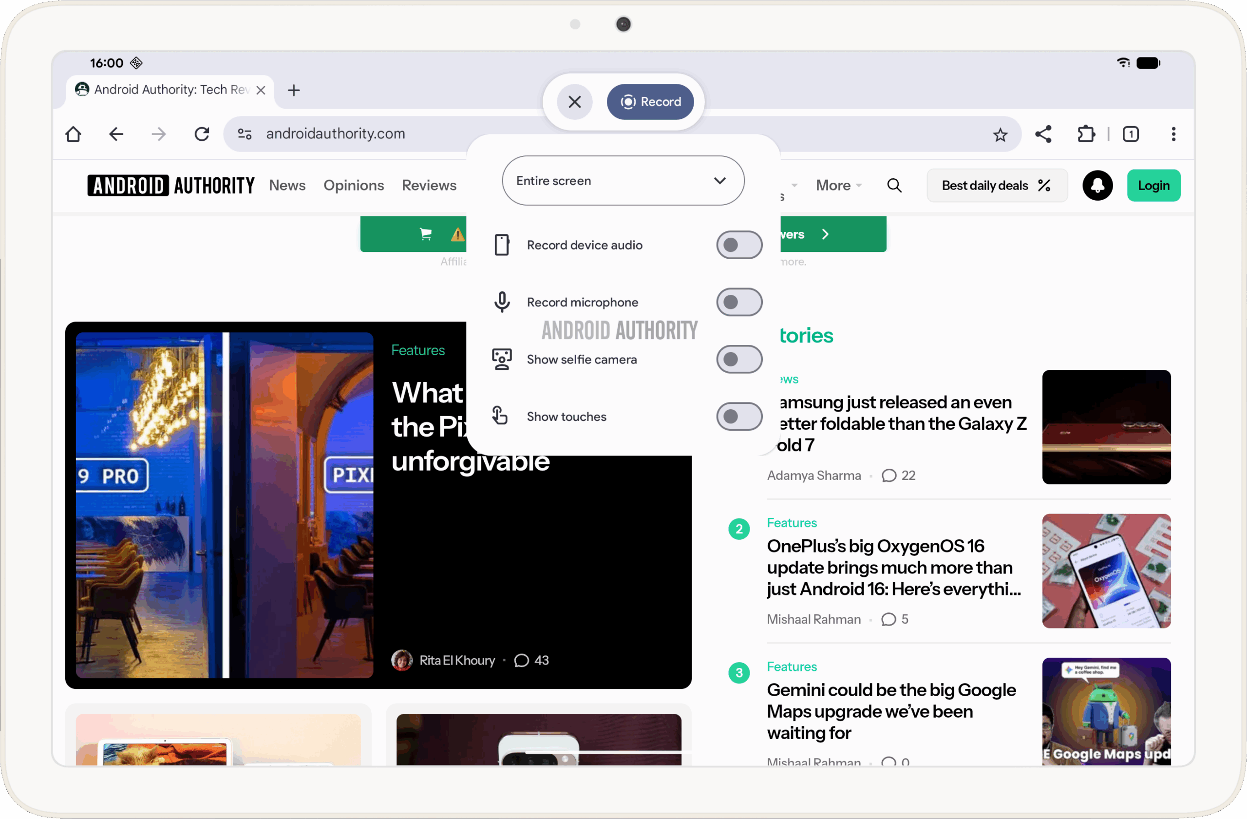 New screen recorder toolbar in Android