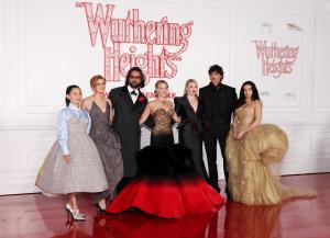 Hong Chau, Alison Oliver, Shazad Latif, Margot Robbie, Emerald Fennell, Jacob Elordi and Charli xcx at the "Wuthering Heights" World Premiere held at the TCL Chinese Theatre on January 28, 2026 in Los Angeles, California.