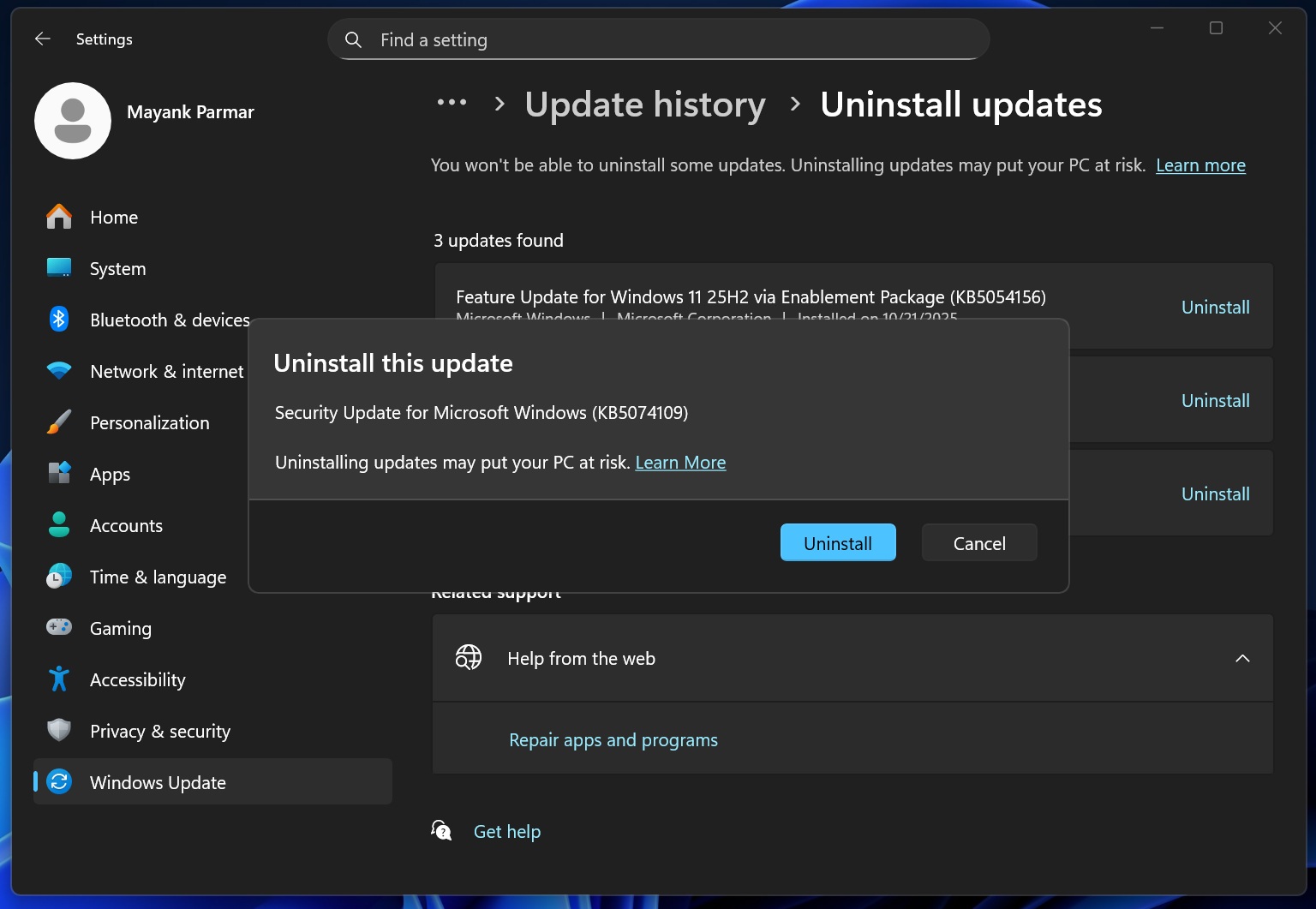 Uninstall Windows 11 update dialog