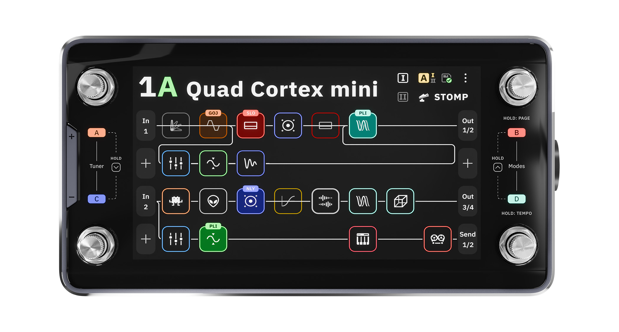 Neural DSP Quad Cortex mini: it still has the same four rotary footswitches, the 7" touchscreen, but it's more than 50 per cent smaller than Neural's game-changing original amp modeller.