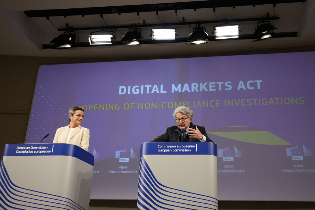 Then-European Commissioner for Europe Fit for the Digital Age Margrethe Vestager, left, and then-European Commissioner for Internal Market Thierry Breton address a media conference regarding the Digital Markets Act in Brussels, in March 2024.