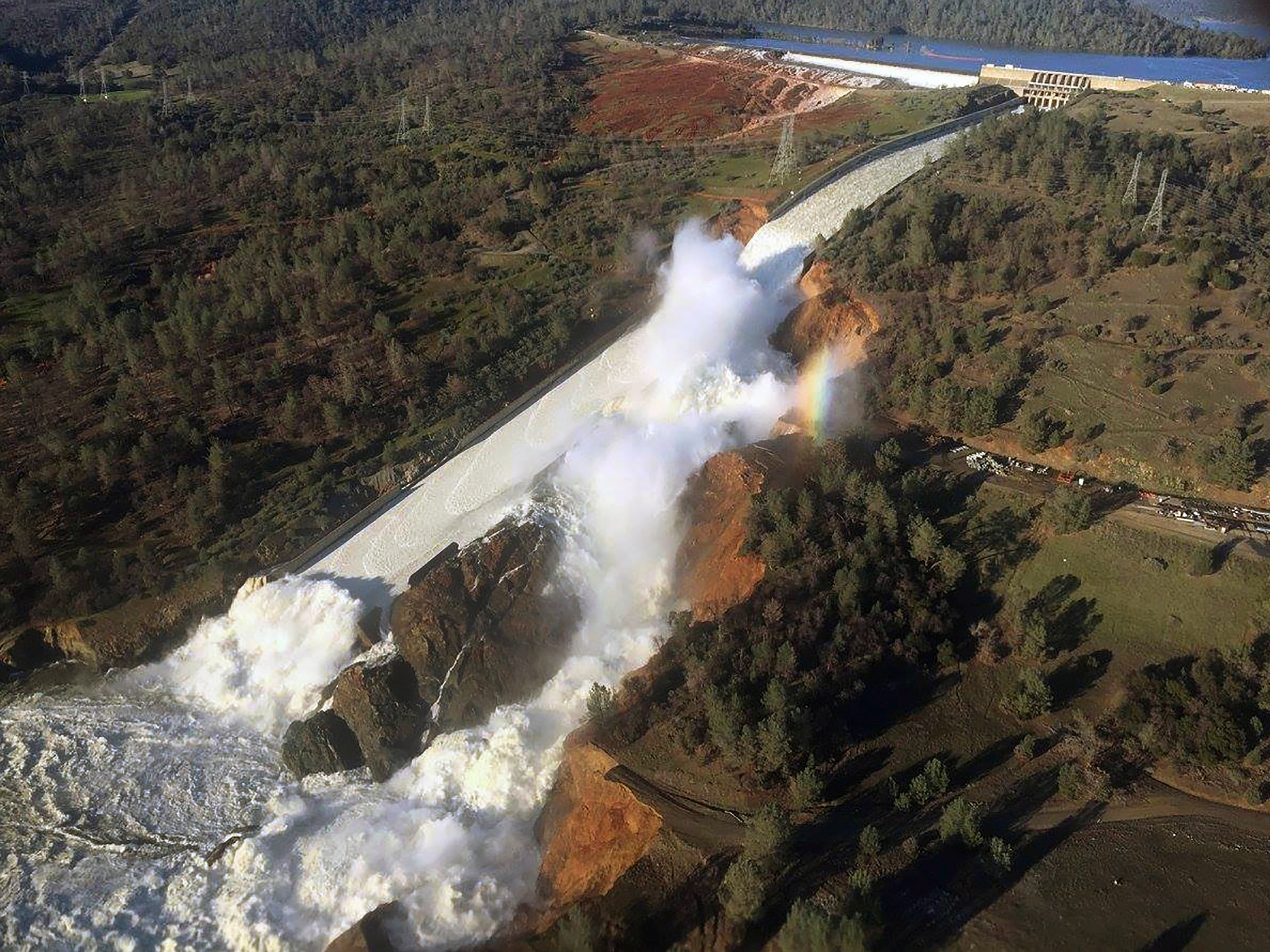 View of the Oroville Dam as its spillways failed in 2017.