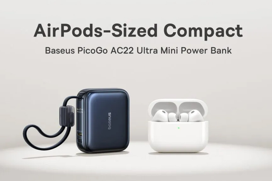 Baseus’ PicoGo 10K power bank next to a pair of Apple AirPods.