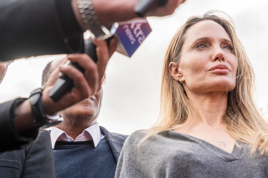 Angelina Jolie inspects the Rafah border crossing between Egypt and the Gaza Strip on January 2 in Rafah, Egypt.