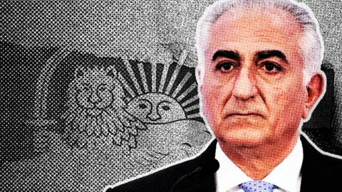 AFP Iranian opposition leader and son of the last Shah of Iran, Reza Pahlavi's portrait superimposed on a lion and sun emblem featuring on the historical flag of Iran